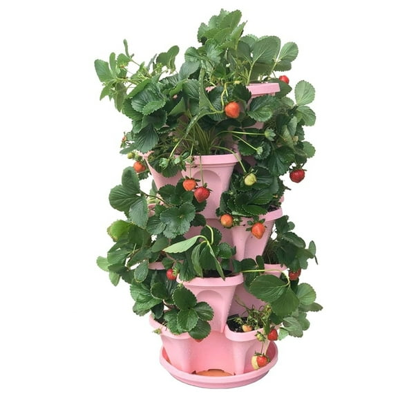 5-Tier Pink Strawberry and Garden Planter - Stackable Gardening Pots with 10 Inch Saucer