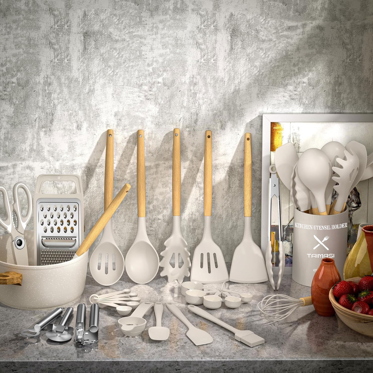 Kitchen Utensil Set, AOKIWO 34Pieces Silicone Cooking Utensil Set with Wooden Handle, Heat Resistant Spatula Set Gadgets Tools Cookware, Khaki