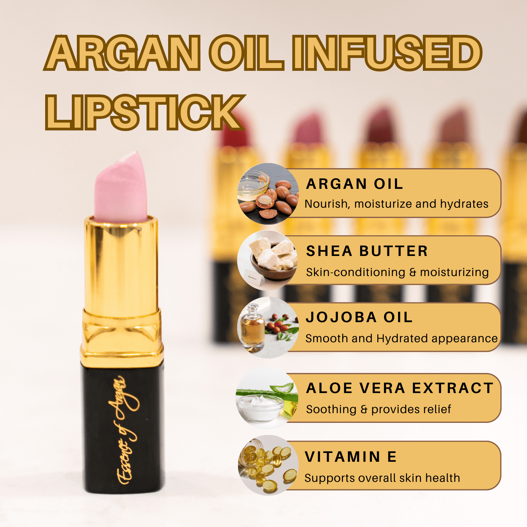Essence of Argan Lipstick, Vegan, Moisturizing, Long Lasting, Pink Luster