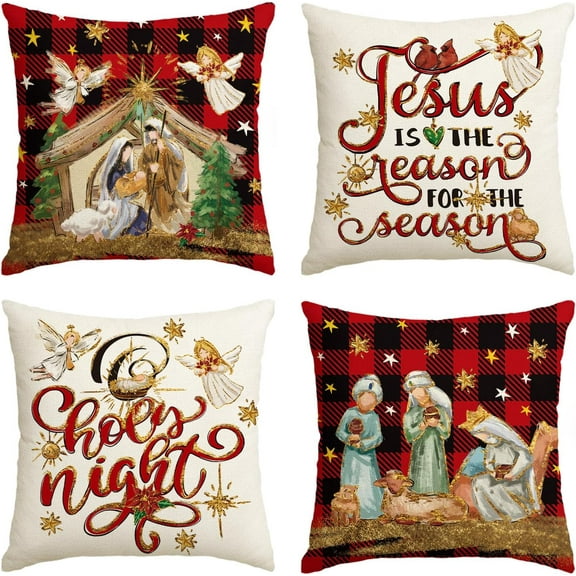 Christmas O Holy Night Jesus Cardinal Buffalo Plaid Throw Pillow Covers, 18 x 18 Inch Christmas Saying Winter Holiday Cushion Case Decoration for Sofa Couch Set of 4