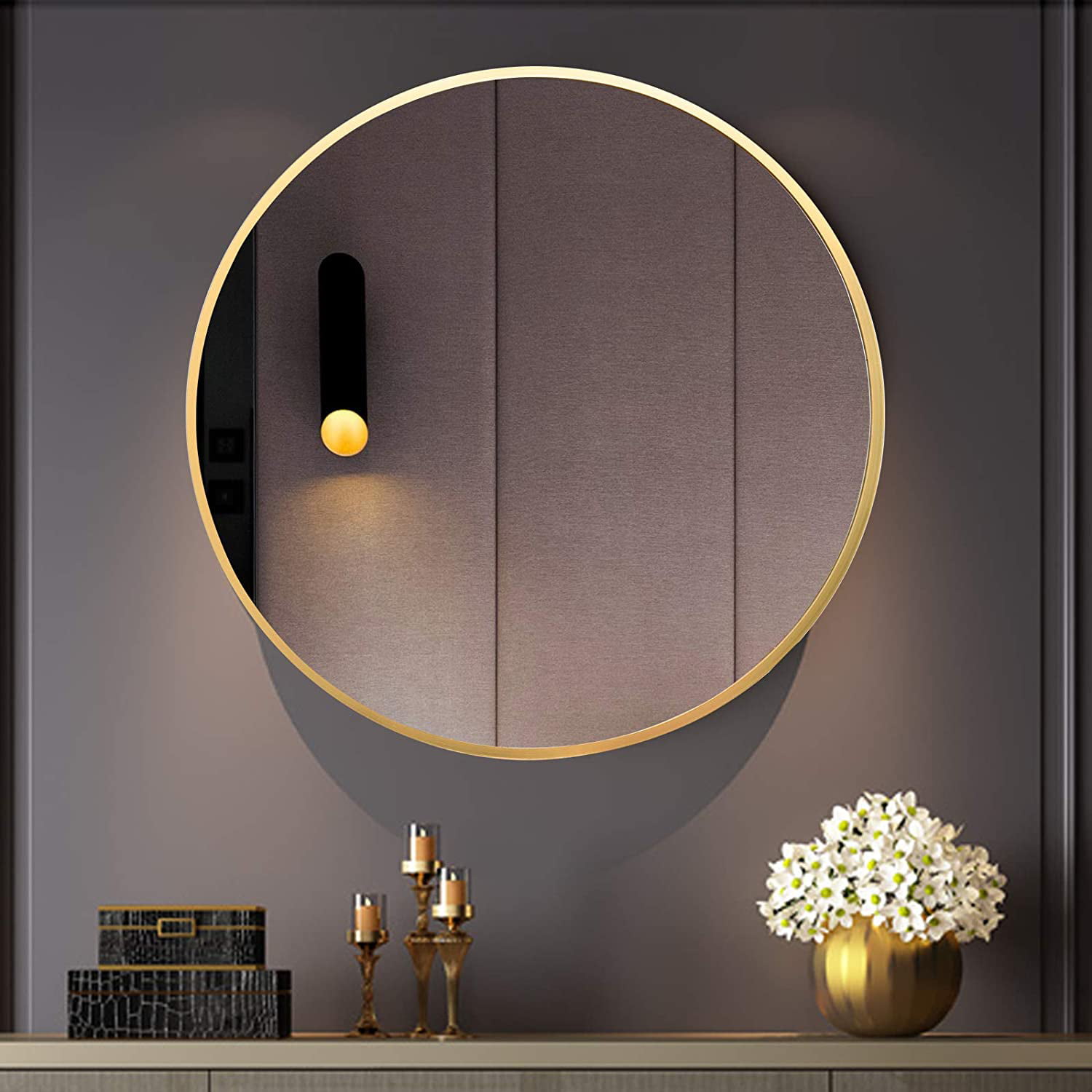 24-Inch Large Wall Mounted Round Mirror Gold Metal Frame for Washroom Bedroom 