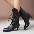 thumbnail image 2 of Vintage Victorian Boots for Women Block Kitten Heel Lace up Mid Calf Combat Booties Wingtip Witch Oxford Riding Military Winter Shoes, 2 of 5