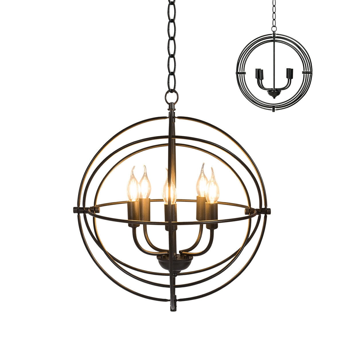 Gymax 20'' Metal Pendant Chandelier 5-Light w/ Iron Chain Pivoting Interlocking Rings
