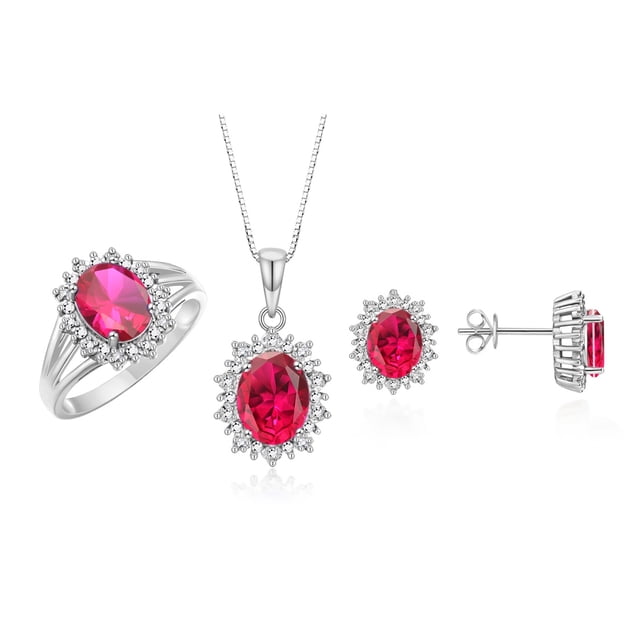 RYLOS Matching Jewelry Set 14K White Gold Princess Diana Inspired Earrings, Ring & Pendant Necklace W/ 18" Chain Gemstone & Diamonds 8X6MM Ruby July Birthstone; Size 8