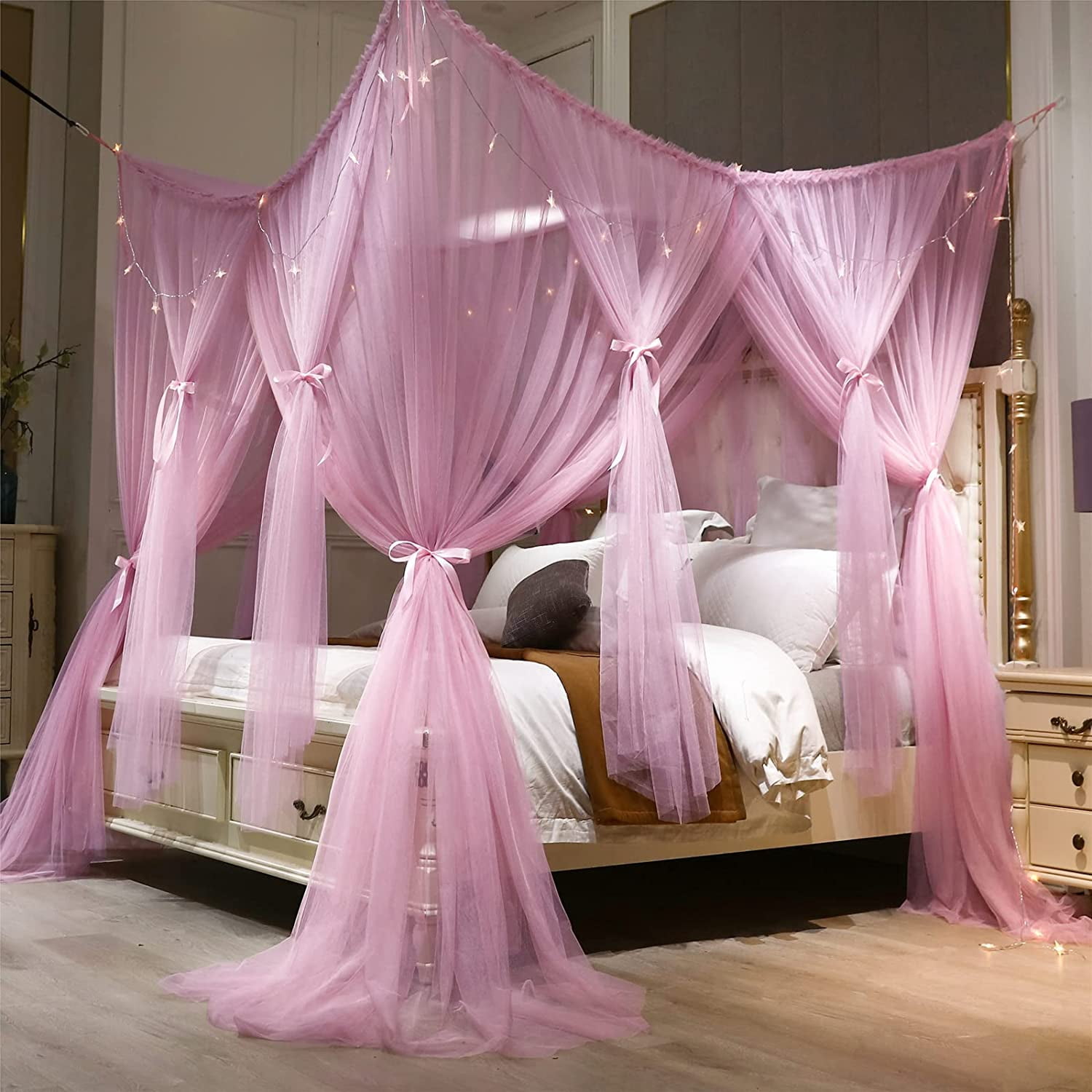 4 Corners Post Princess Bed Canopy Curtain Double Layer Cozy Drape Netting 4 Opening Mosquito Net for Girls & Adults Bedroom Decoration Accessories (Double Pink, 53" W*78" L*82"*H/(Full))