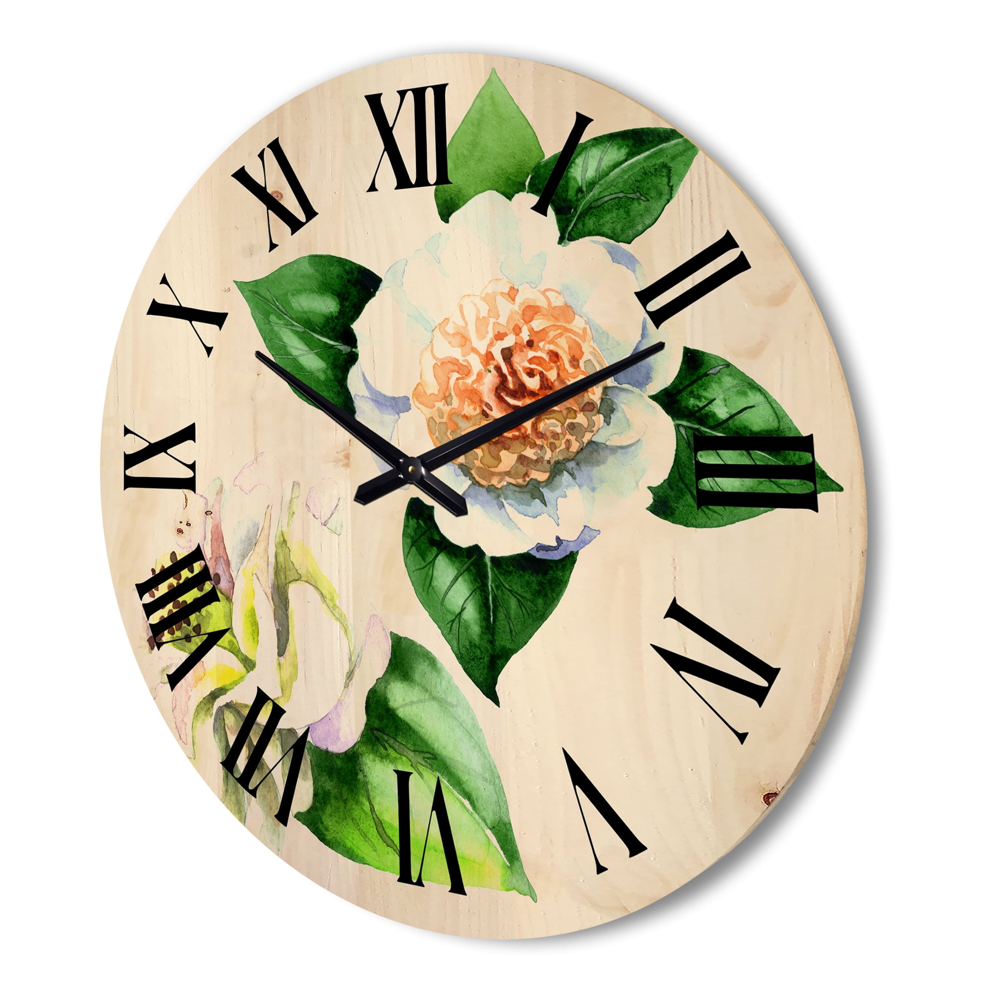 Designart 'Ancient White Camellia Flowers With Green Leaves' Traditional Wood Wall Clock