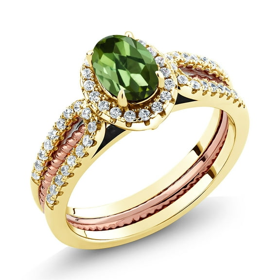Gem Stone King 1.32 Ct Oval Green Tourmaline 18K Yellow Gold Plated Silver Stackable Ring (Size 6)