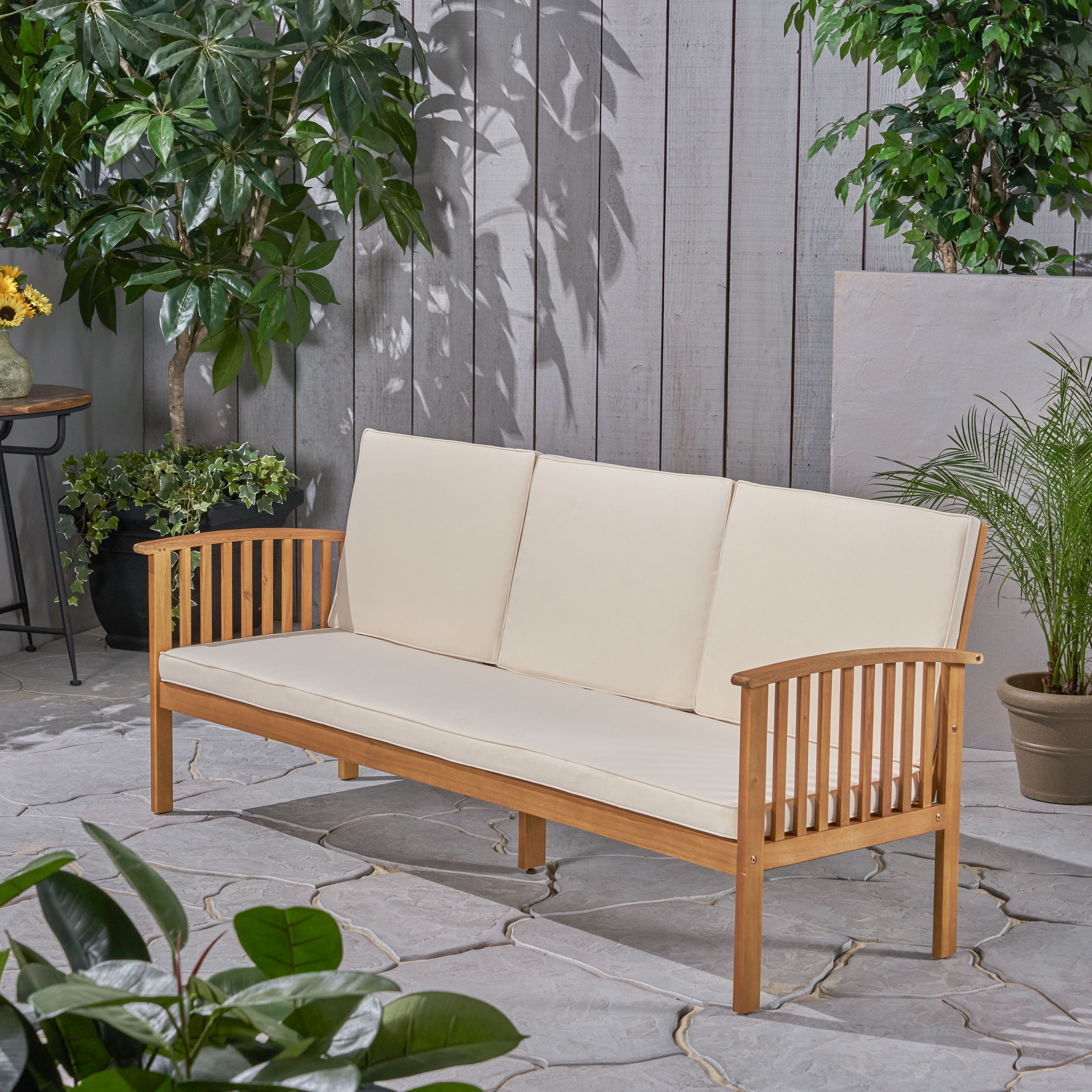 Outdoor 3 Seater Leisure Sofa, Solid Acacia Wood Frame Outdoor Couch for Patio Garden, Teak and Beige