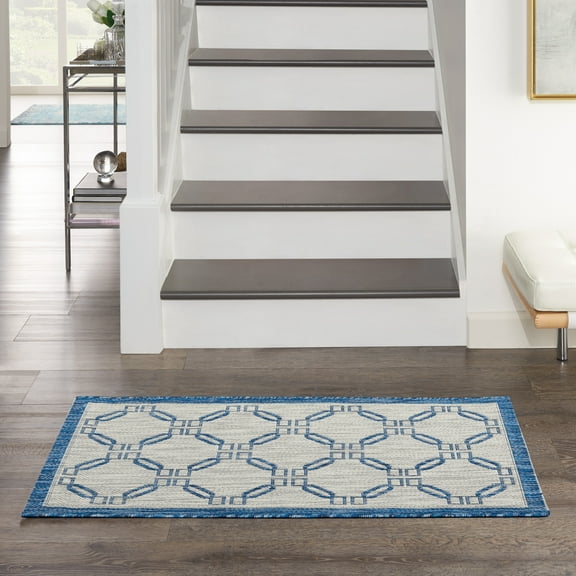 Nourison Garden Party Indoor/Outdoor Traditional Trellis Ivory Blue 2'2" x 3'9" Area Rug, (2' x 4')