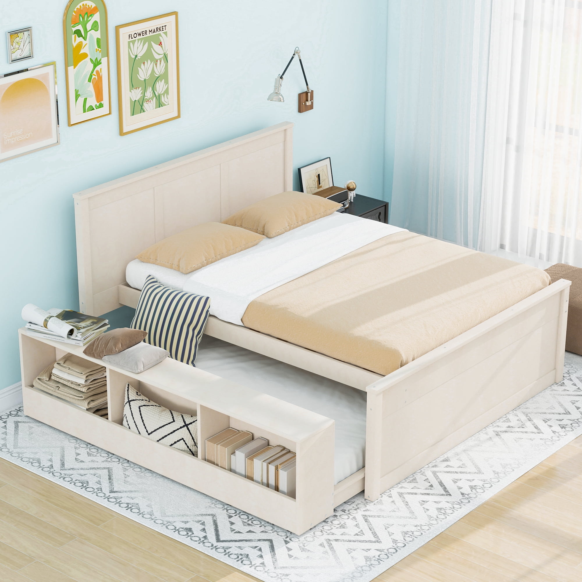 Euroco Wood Full Size Platform Bed with Trundle and Storage Cabinets, Cream White