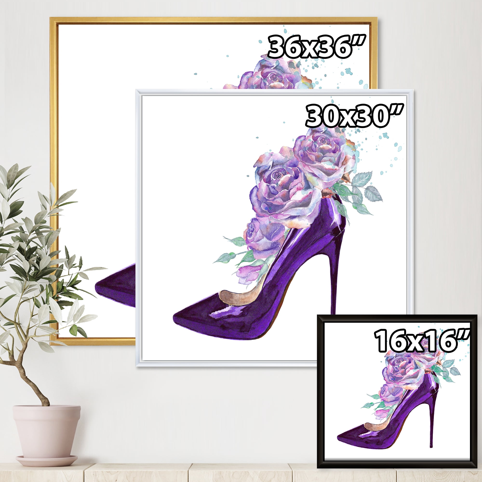 Designart 'Pink VIolet Roses With Dark Purple Stiletto Shoe' Traditional Framed Canvas Wall Art Print