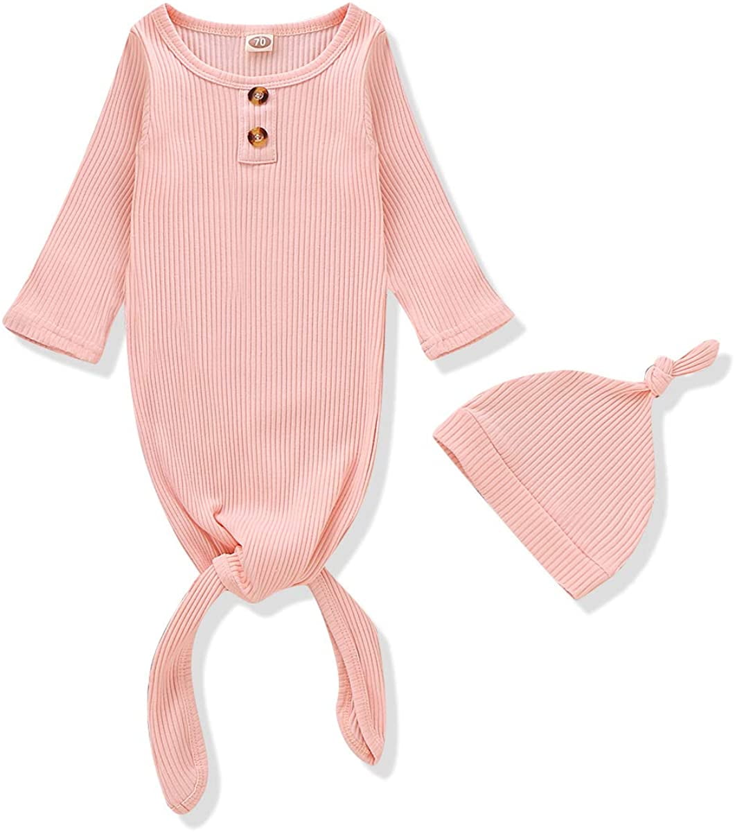 Newborn Unisex Baby Cotton Striped Sleepwear Nightgown & Headband Set Knotted Sleeping Bag 