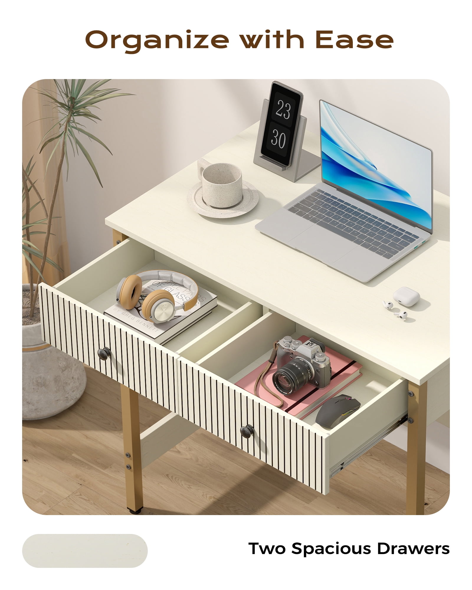 Manxile Fluted Computer Home Office PC Desk with USB Ports & Power Outlet,Writing Desk with Storage Drawers