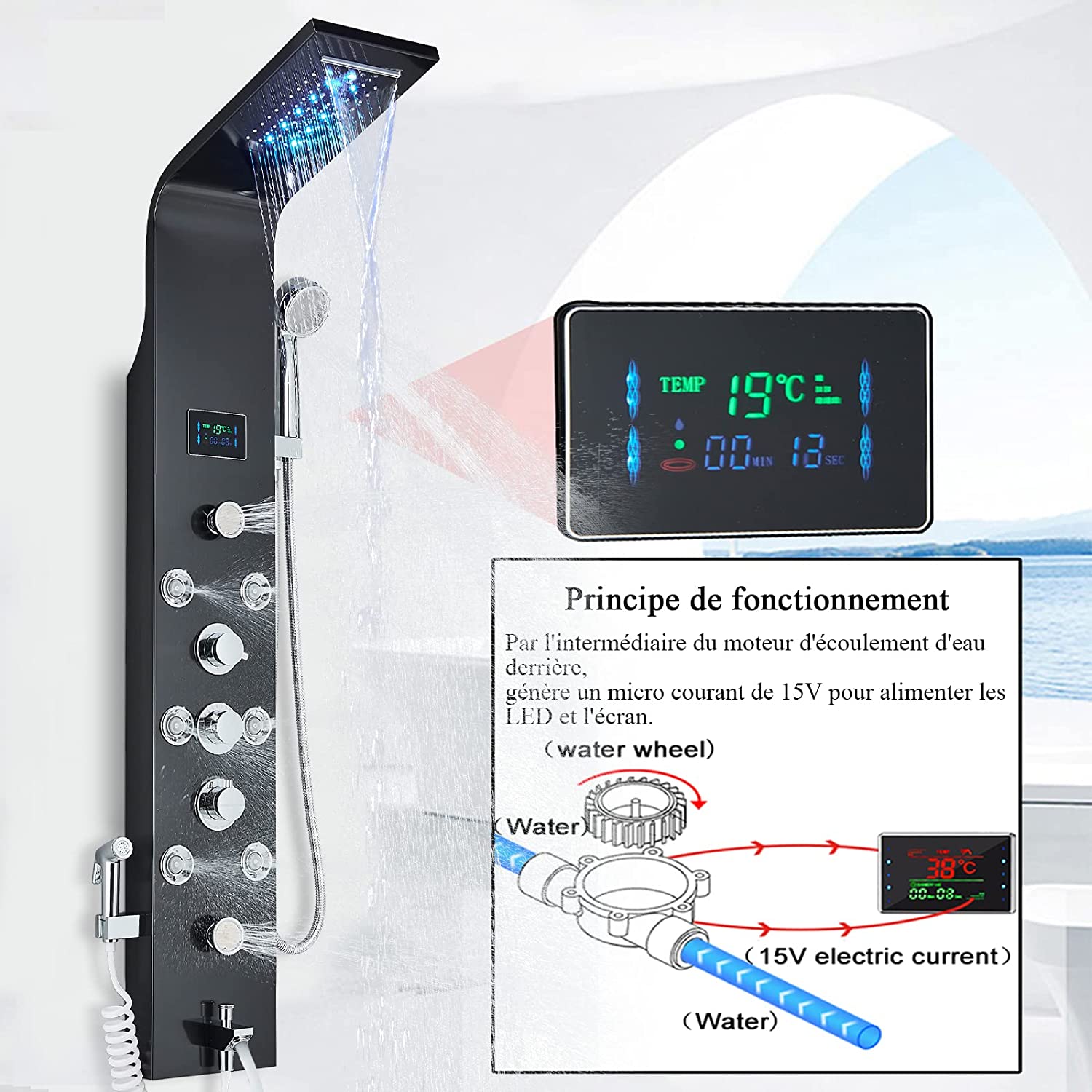 Shower Panel Tower LED Shower System with 6 Functions Unique Powerful hydromassage and Bidet Tap Shower Tower Wall Mounted Black