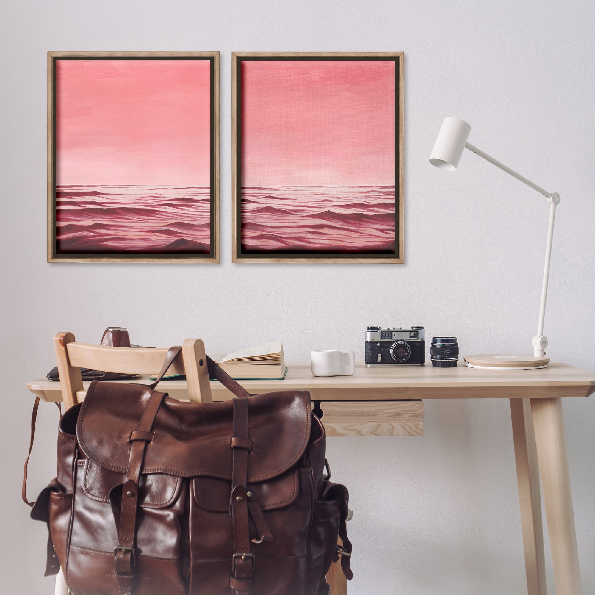 Stupell Industries Pink Calm Seascape Nautical & Beach Painting Brown Floater Framed Canvas Art Print Wall Art, 31 x 25, Set of 2