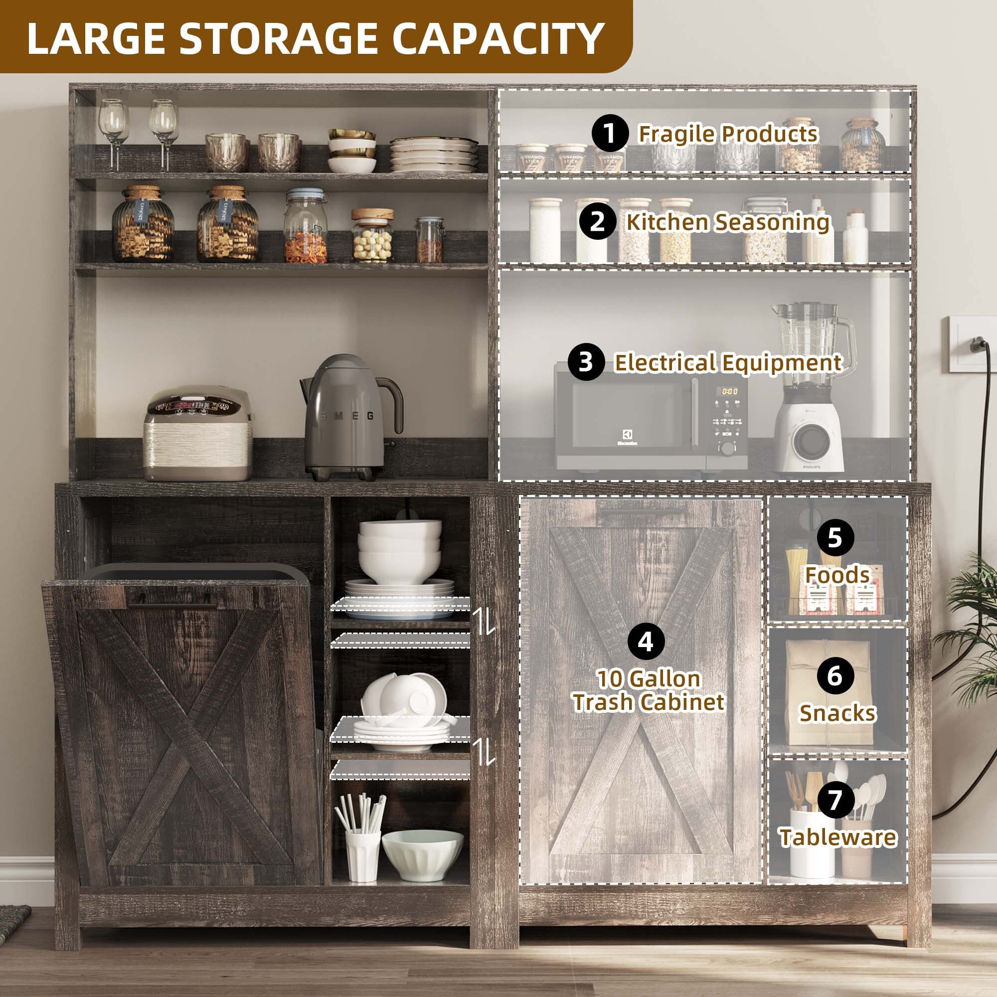 Uforic Bakers Rack with Shelves & Power Outlets, 6-Tier Microwave Stand with Trash Bin Cabinet, Rustic Oak