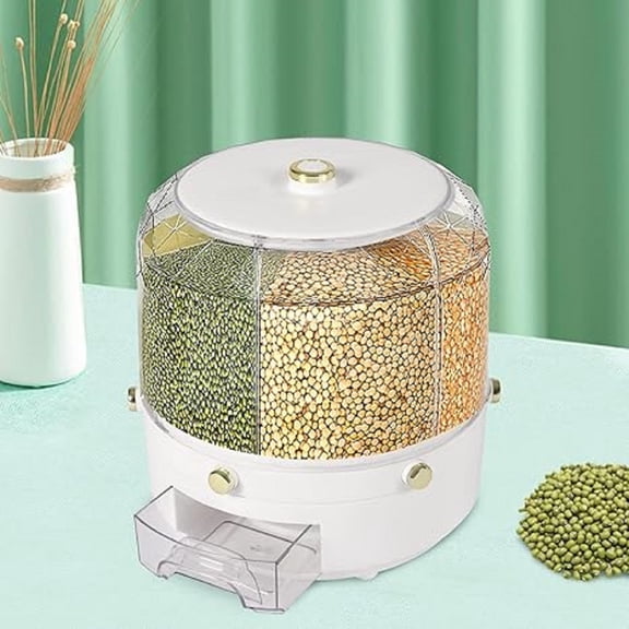 6 Grids Rice & Grain Storage Container Rice Dispenser 360 Rotating Food Dispenser Grain Dispenser One-Button Pressing Storage Bucket for Grains Snacks Candy Coffee Beans Dog
