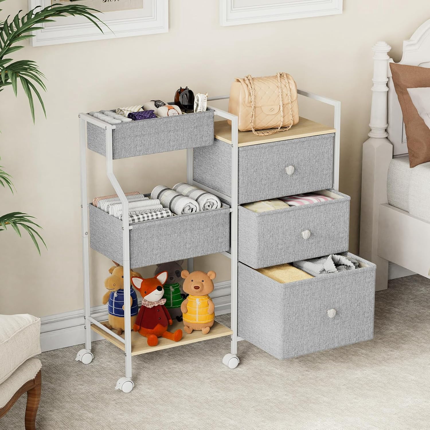 Baby Organizer and Storage - 3 Tier Rolling Cart with Dividers and Drawers, Easy To Assemble, Mobile Utility Cart with Wheels for Nursery, Bedroom, Changing Table & Crib, Light Gray