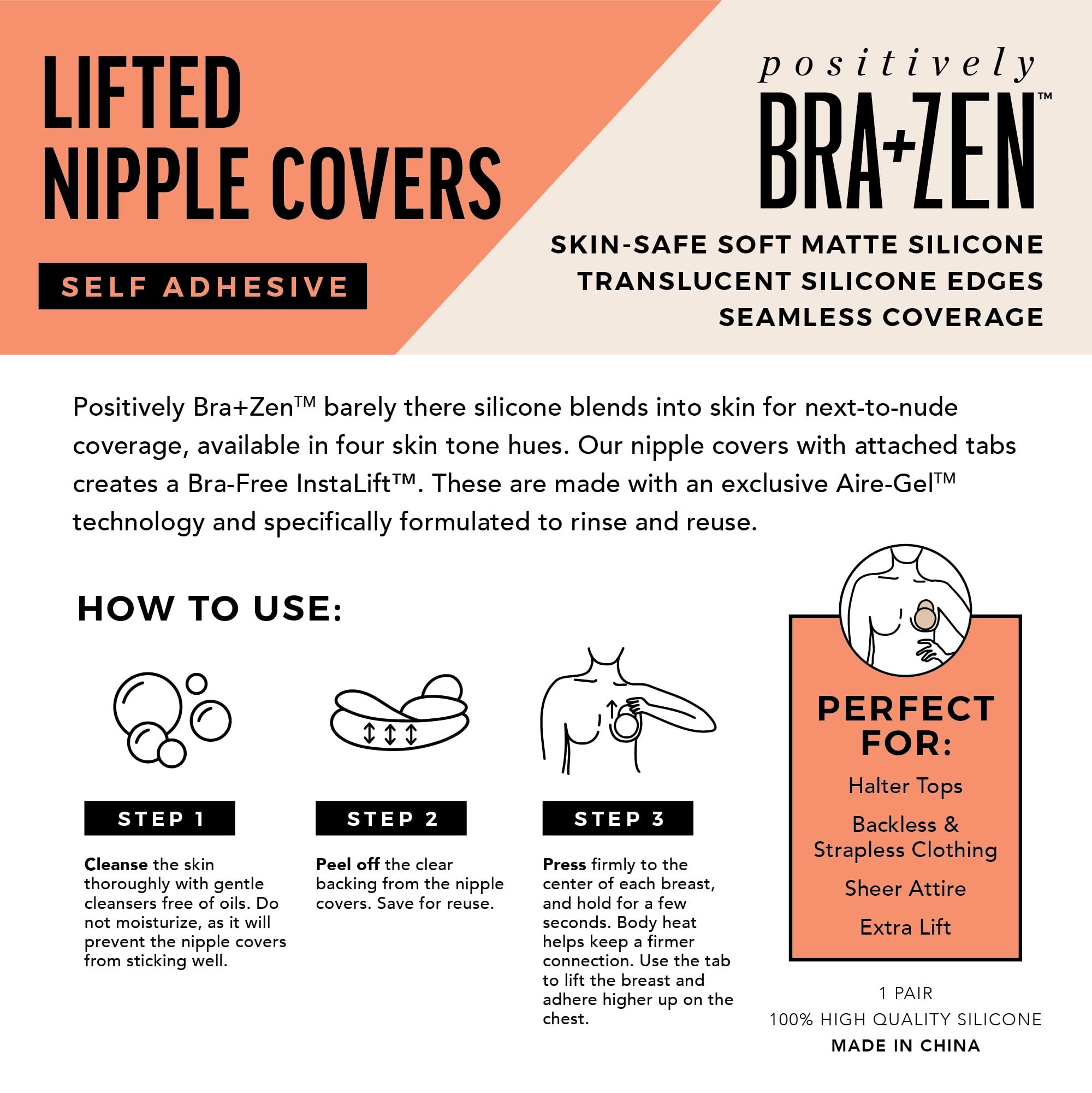 Positively BRA+ZEN Reusable 100% Silicone Breast Stick-on Adhesive Nipple Cover Pasties with Lift Tab