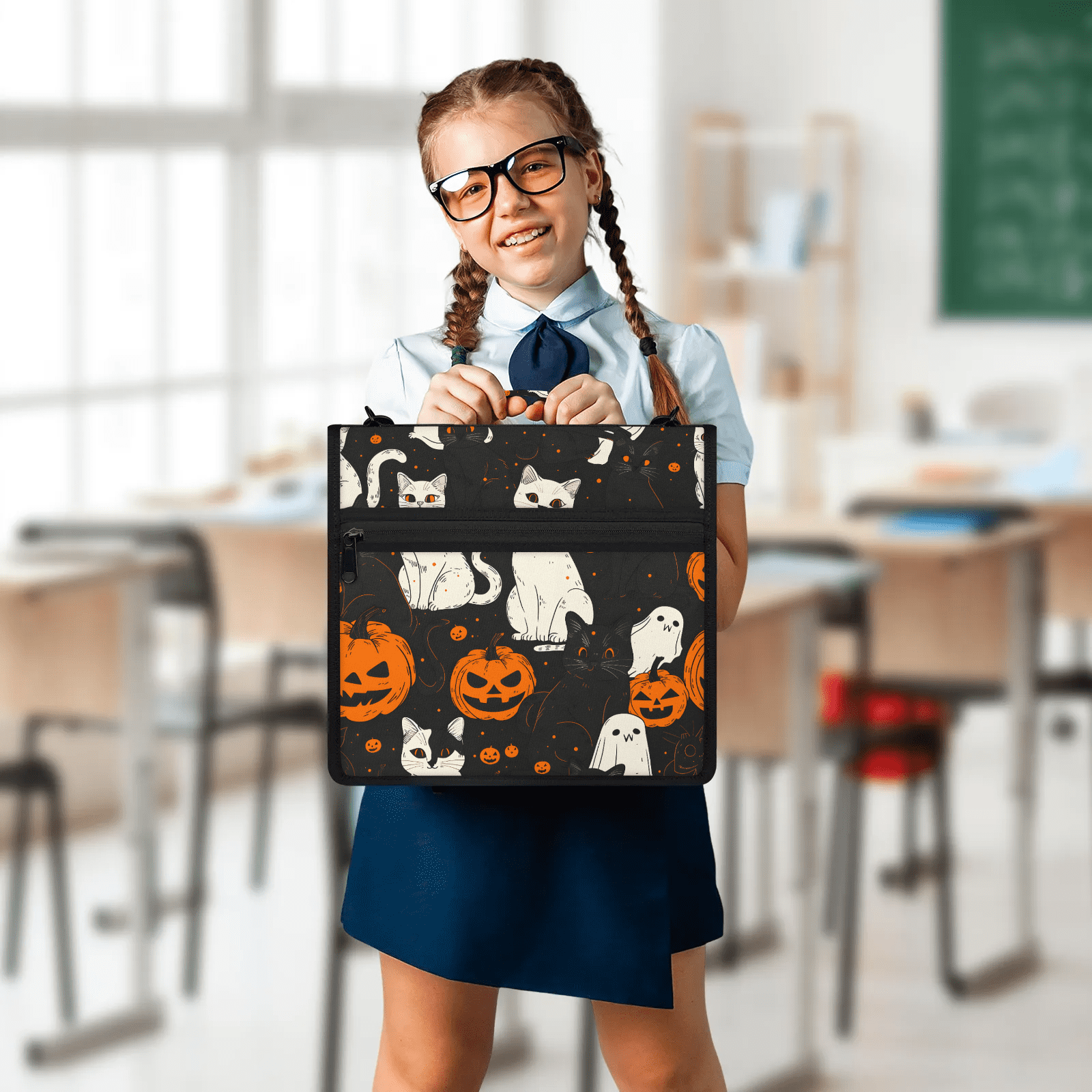 Herdesigns Halloween Pumpkin Zipper Binder 1.5 Inch 3 D-Rings with Shoulder Strap & Handle, Waterproof Black White Cat Binder Organizer Bag for 13 Inch Laptop
