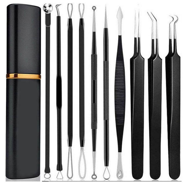 10 agujas para eliminar espinillas, de acero al carbono, portátiles, multifuncionales, con estuche de aluminio, color negro.