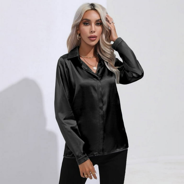 Women s Satin Silk Long Sleeve Button Down Shirt Formal Work Blouse Top Point Collar Vintage Button Up Shirt Work Office Silky Shirts Tops S XL