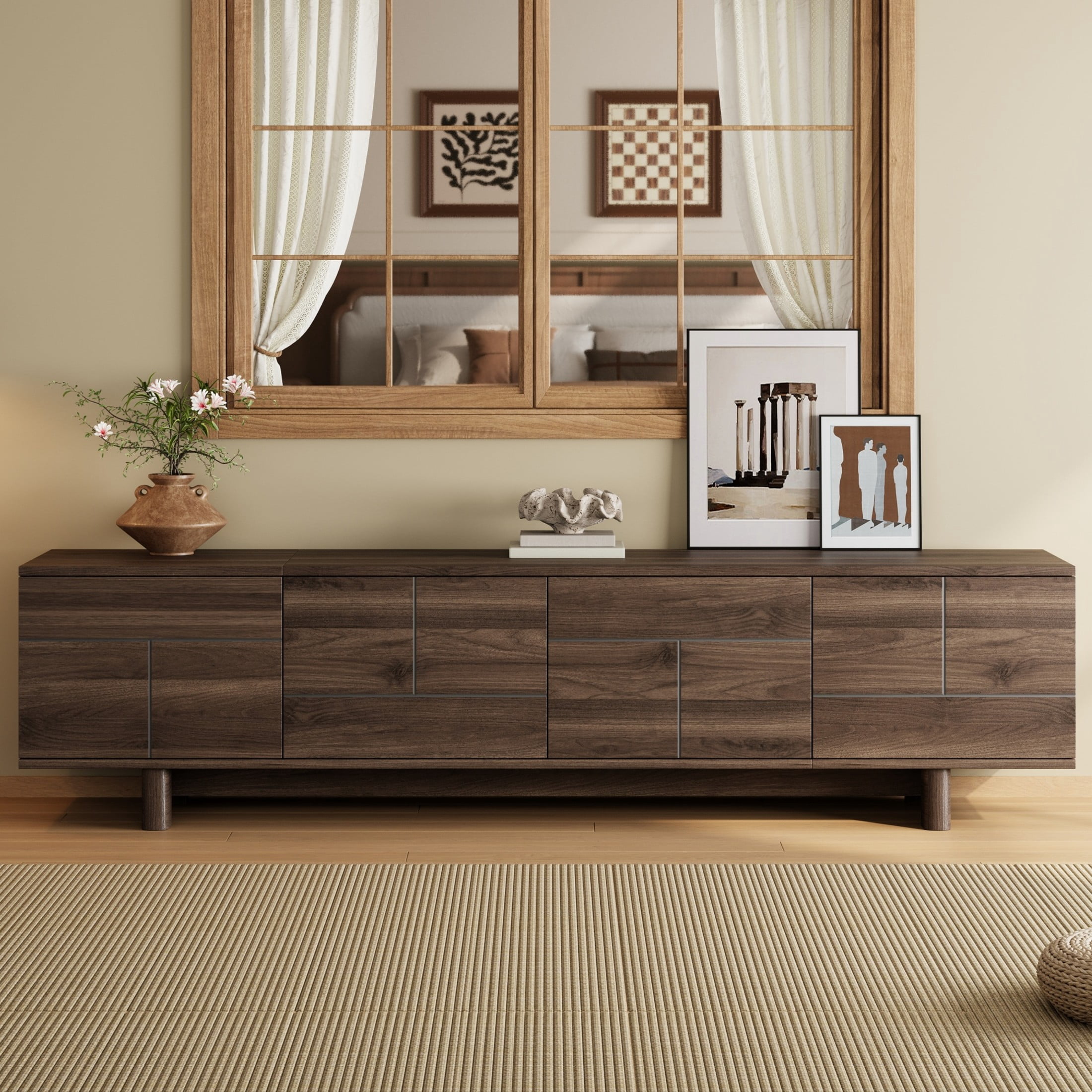 Noble House Modern TV Stand for TVs up to 85" with Push-Open Storage, Adjustable Shelves, Dark Brown