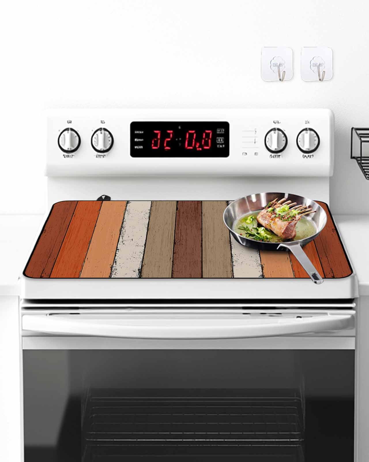 Stove Top Covers for Electric Stove, Burnt Orange Brown Glass Stovetop Cover Protector, Farmhouse Vintage Wooden Induction Cooktop Protector Oven Mat for Kitchen Countertop 36"x21"