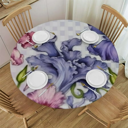 

Round Tablecloth Fitted Elastic Edged Table Cover Iris Watercolor Flower Plaid Waterproof