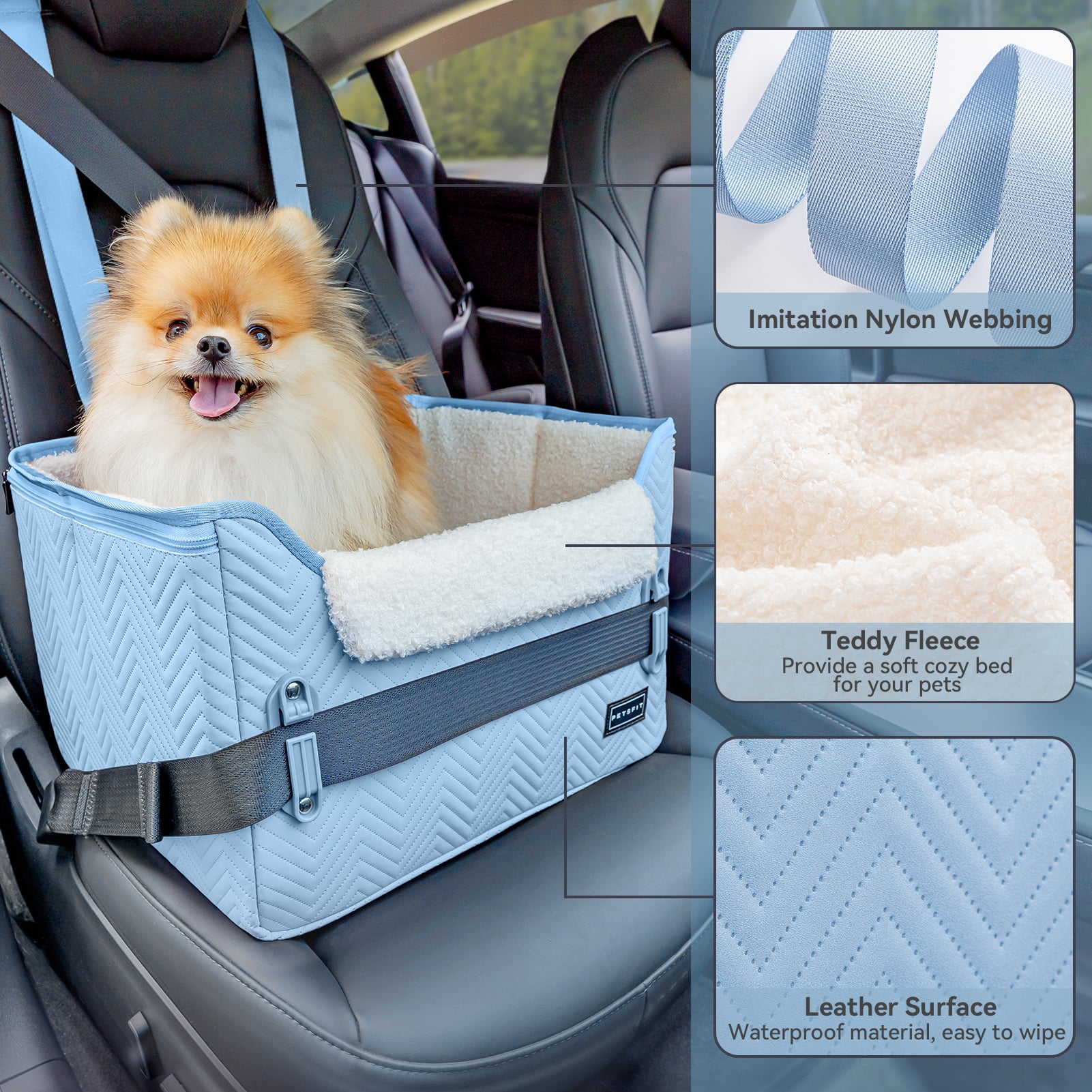 PETSFIT Dog Car Seat Medium Sized Dog, Stable Small Dog Car Seat for Car with Clip-On Leash, Fleece Liner Perfect for Small Pets Up to 25lbs (Blue)
