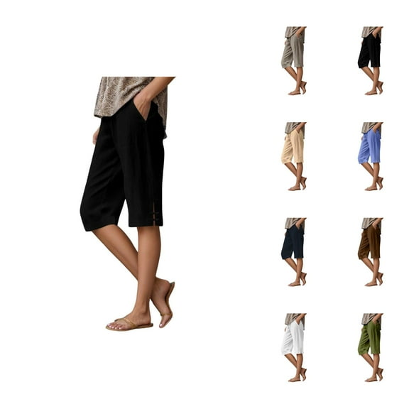 Capri Pants for Women 2025 Summer Elastic Waist Straight Leg Loose Linen Capris with Pockets Womens Cropped Pants