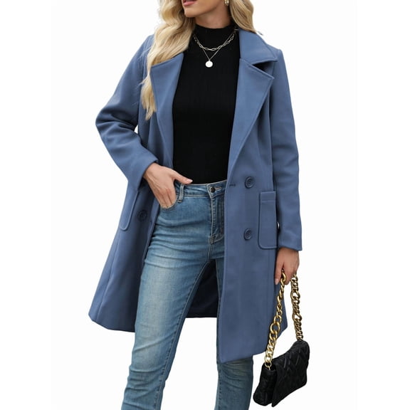 Women Winter Wool Blend Mid-Long Coat Double-Breasted Lapel Jacket Outwear Navy Blue M