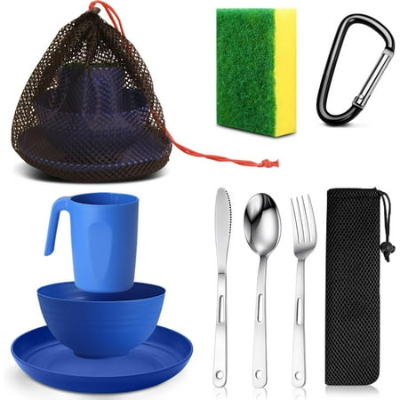Scout Camping Mess Kit for Person Boy Scout Dishes Set Girl Scout Mess Kit with Mesh Bag Reusable Light Weight Eating Utensils Plastic Camping Cutlery Set for Travel Camp