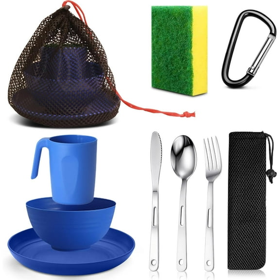 Camping Utensils, Stainless Steel Portable Travel Silverware Set with Reusable Bowls ,Mug and Plate, Camping Mess Kit for 1 Person