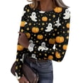 thumbnail image 2 of Halloween Going Out Tops for Women Long Sleeve Slim Fitted Ribbed Funny Pumpkin Ghost Tunic Blouse Party Crew Neck Spring Day Fashion Clothing Yellow L, 2 of 6