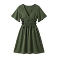 thumbnail image 4 of Nmnitkp Dresses for Women Summer Casual Dress, V Neck Flare Short Sleeve Cutout Waist Smocked Crinkle Fabric A Line Mini Dress, Solid Dress for Beach Vacation & Daily Wear Army Green,L, 4 of 9