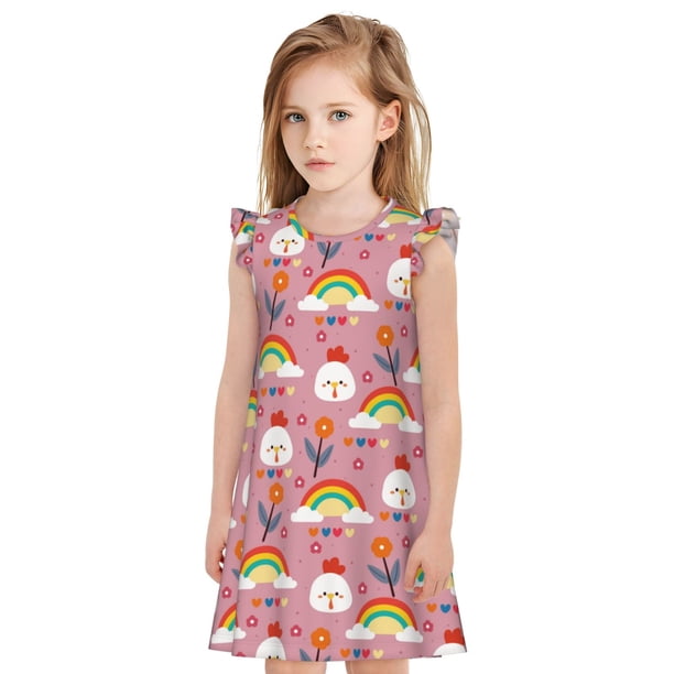 Fotbe Cartoon Chicken Vestido de Dormir para Niñas de 3 a 10 Años, Mangas Cortas, Estilo Princesa, Pijama Camisón con Mangas Voladas-X-Large