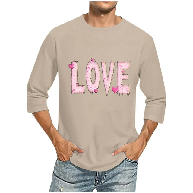 Camisas de Manga Larga para los Hombres Día de San Valentín Impresión Cuello Redondo Moda Casual, Mezcla de Poliéster de Lino de Algodón para Primavera Verano