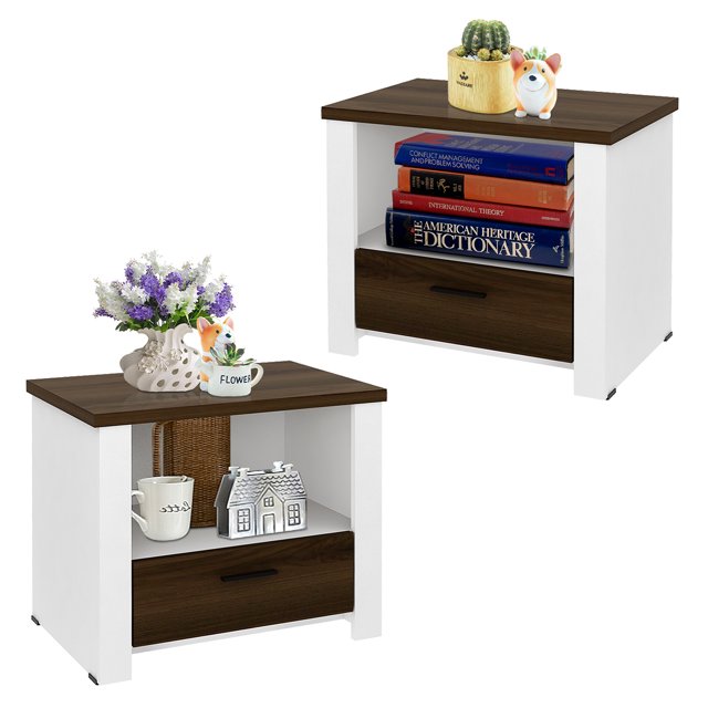 Gymax Table de Chevet d'Appoint 2 Pcs avec Tiroir et Tablette Ouverte Table d'Extrémité de Sofa Chambre Salon