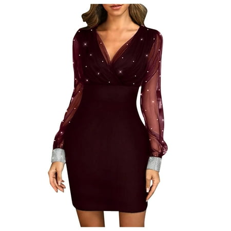 

Women s Glitter Semi Sheer Mesh Long Sleeve Pullover Bodycon Tunic Dress Elegant Sequins Mini Dress