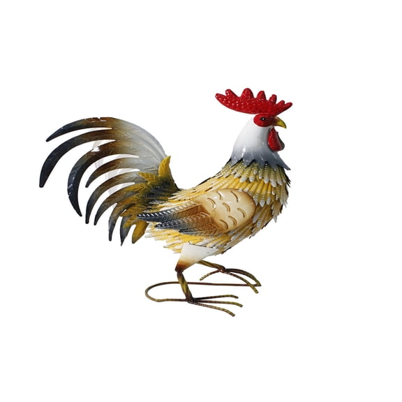 16" Tall Outdoor Garden Statue Rooster with Sturdy Stand in Yellow and White
