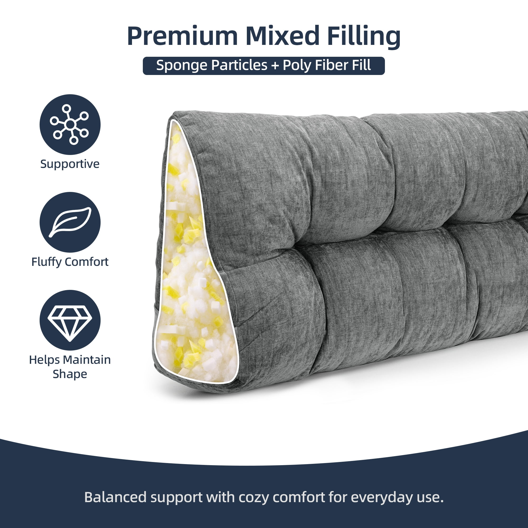 ROFIEJOX Queen Headboard Pillow, 59" x 20" x 7.9" Bed Backrest Pillow with Extra Removable Cover, Tufted Reading Pillow with Side Pockets, Gray