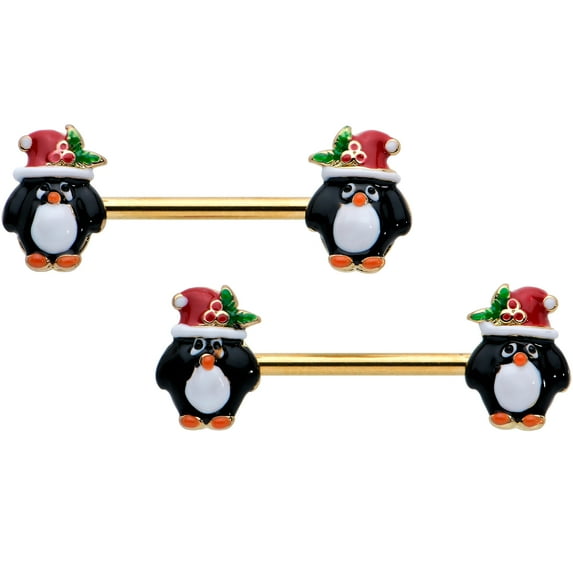 Body Candy 14G Womens Piercing Steel Bright 2Pc Holly Hat Penguin Christmas Nipple Ring Set 9/16