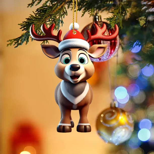 Colgante de árbol de Navidad con dibujos de ciervos en 2D, ambiente de fiesta de Navidad, gorro de Papá Noel con dibujos de ciervos, doble impresión, decoración de Pascua