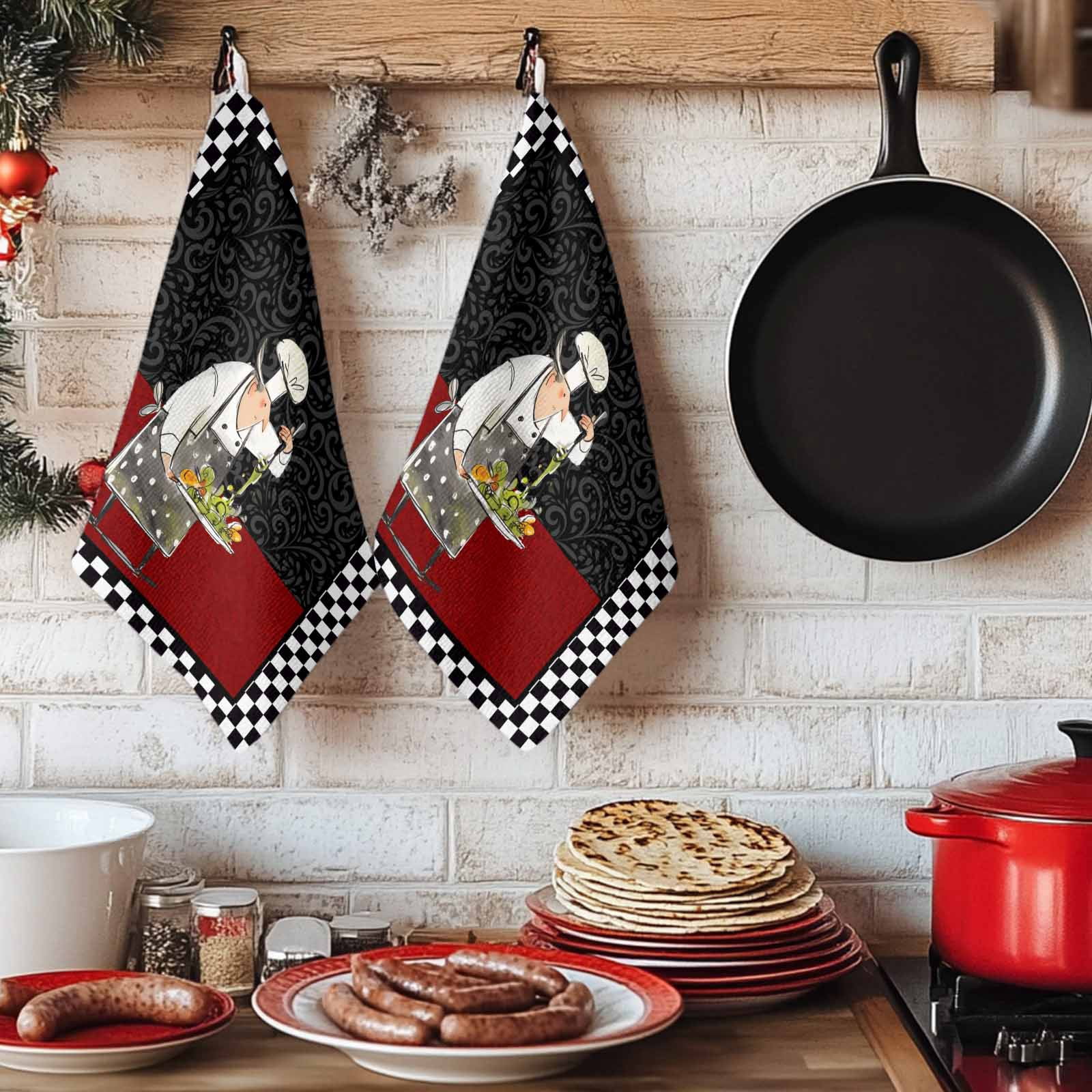 Dish Towels, Cooks Kitchens Absorbent Kitchen Towels 2 PCS, Funny Chef Black Buffalo Plaid Microfiber Hand Towels Dish Cloths Tea Towels for Home&nbsp;Bathroom Cleaning Drying,18X28-Inch,