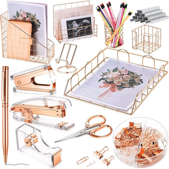 13 Pcs Desk Accessories Kit Organizer Office Supplies Women Gift Set Acrylic Stapler Staple Remover Tape Holder Pen Cup Magazine File Letter Sorter Note Clip Phone Holder Scissor(Rose Gold)