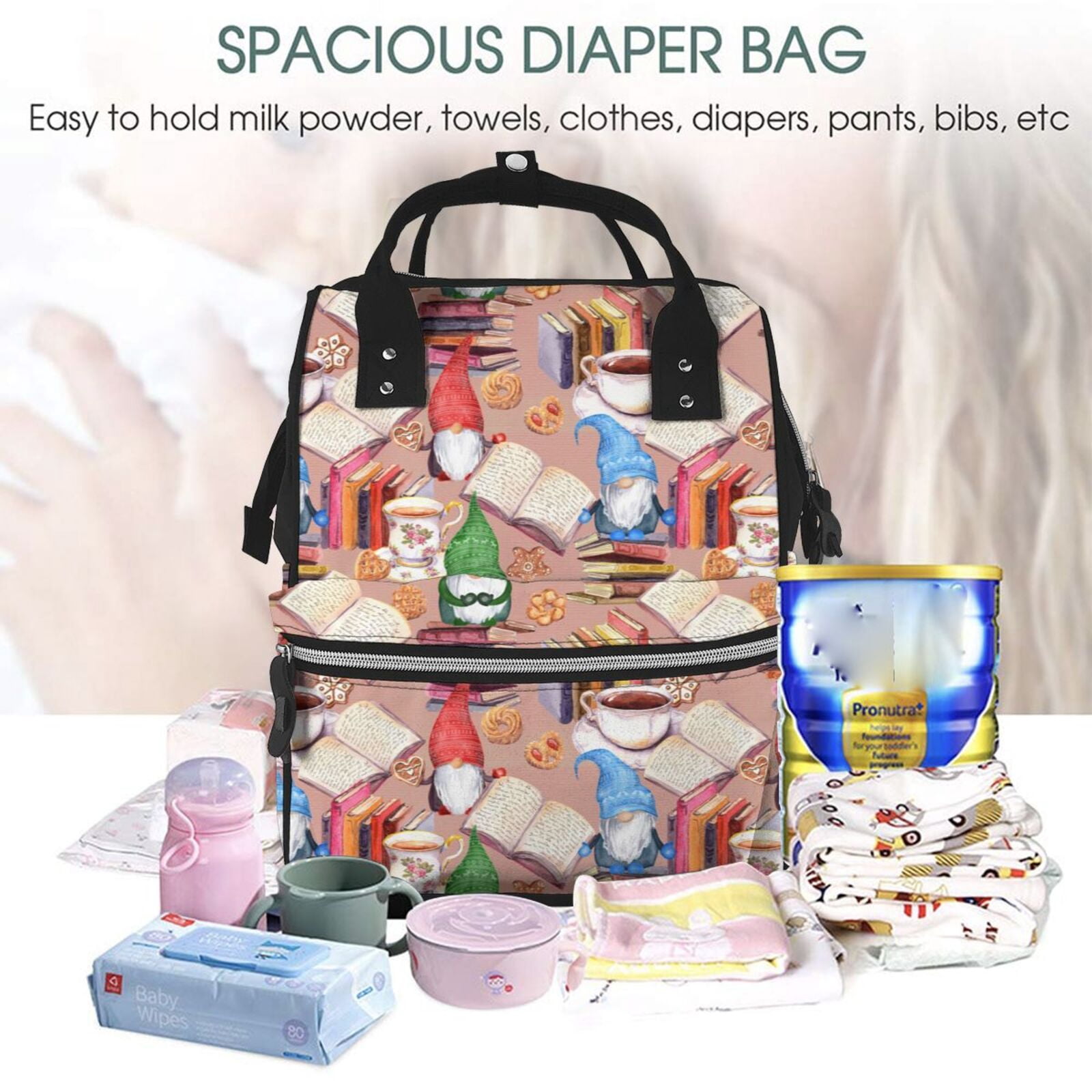 Ratiio Gnomes Books Tea Cups Mummy Backpack - Waterproof Twill Canvas, Large Capacity Diaper Bag with Multiple Pockets and Adjustable Straps
