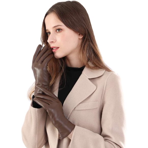 AmPm Leather Gloves Women Warm Winter Driving Glove Hull-Hand Black M