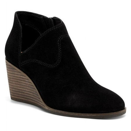 Lucky Brand Zollie Almond Toe Black Suede Wedge Low Cut Leather Ankle Booties (12, BLACK)