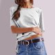 thumbnail image 5 of Camisas de Manga Corta para las Mujeres Casual Cuello Redondo Sólido, Mezcla de Algodón Moda de Verano Blusa Superior, 5 of 9